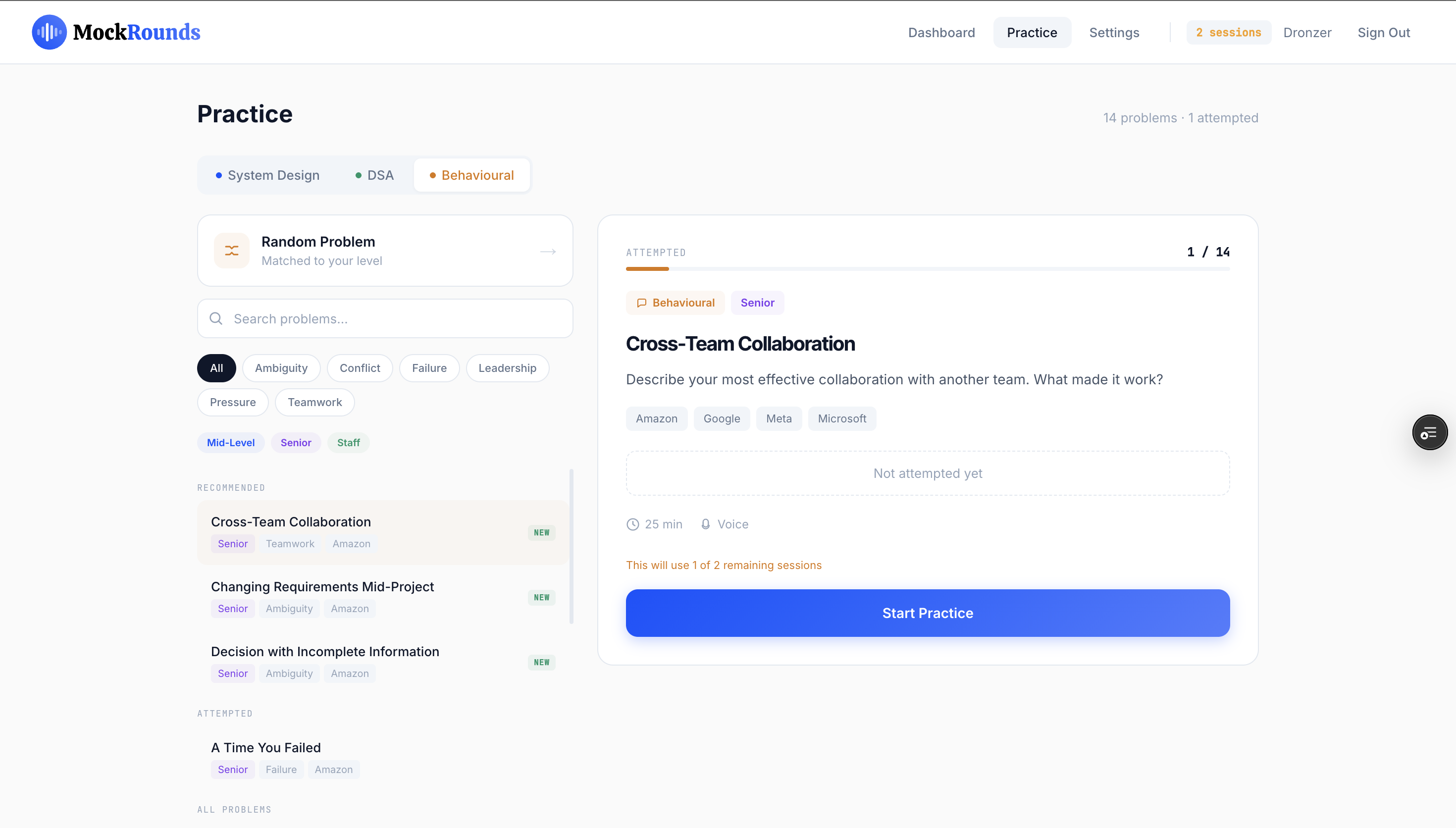 Practice library — filter by company